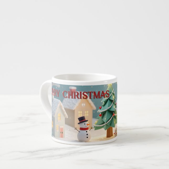 Festive Christmas Tree and Snowmen Scene Espresso Cup (Front Left)