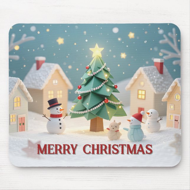 Festive Christmas Tree and Snowmen Scene Mouse Pad (Front)