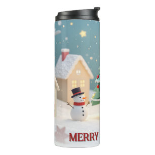 Festive Christmas Tree and Snowmen Scene Thermal Tumbler