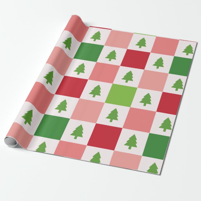 Festive Christmas Tree Chequerboard Pattern Wrapping Paper (Unrolled)