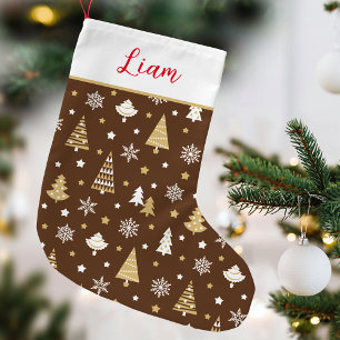 Festive Christmas Tree Custom Name Brown Small Christmas Stocking