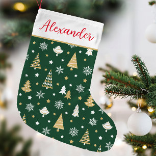 Festive Christmas Tree Custom Name Dark Green Small Christmas Stocking