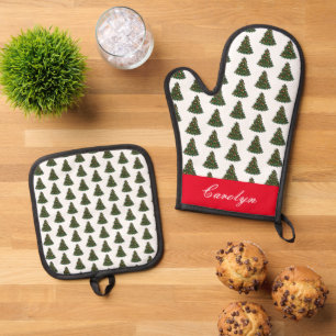 Festive Christmas Tree Custom Name Oven Mitt & Pot Holder Set
