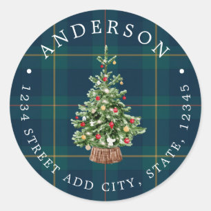 Festive Christmas Tree Family Name Return Address Classic Round Sticker