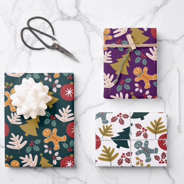 Festive Christmas Tree Gingerbread Men & Xmas Bell Wrapping Paper Sheet (Front)