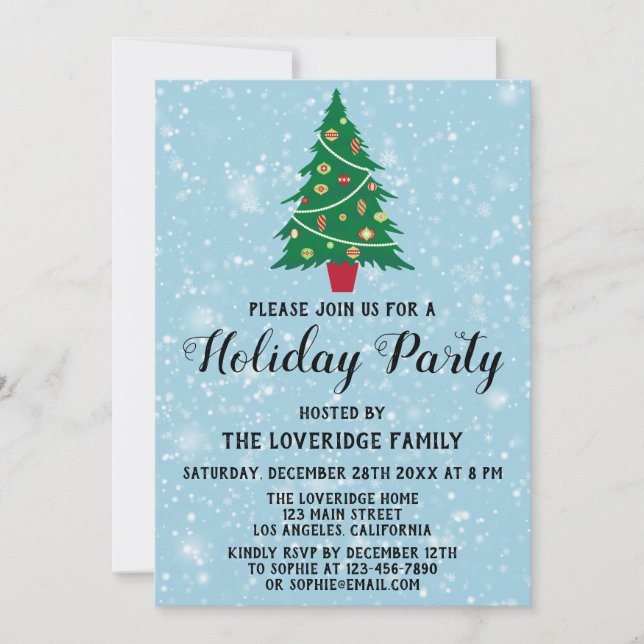 Festive Christmas Tree Holiday Party Blue Snow Invitation (Front)