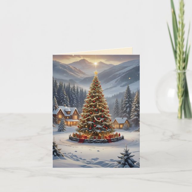 Festive Christmas tree in a mountain village Holiday Card (Front)
