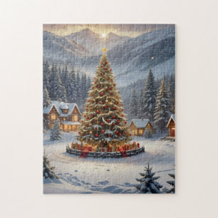 Festive Christmas tree in a mountain village Jigsaw Puzzle