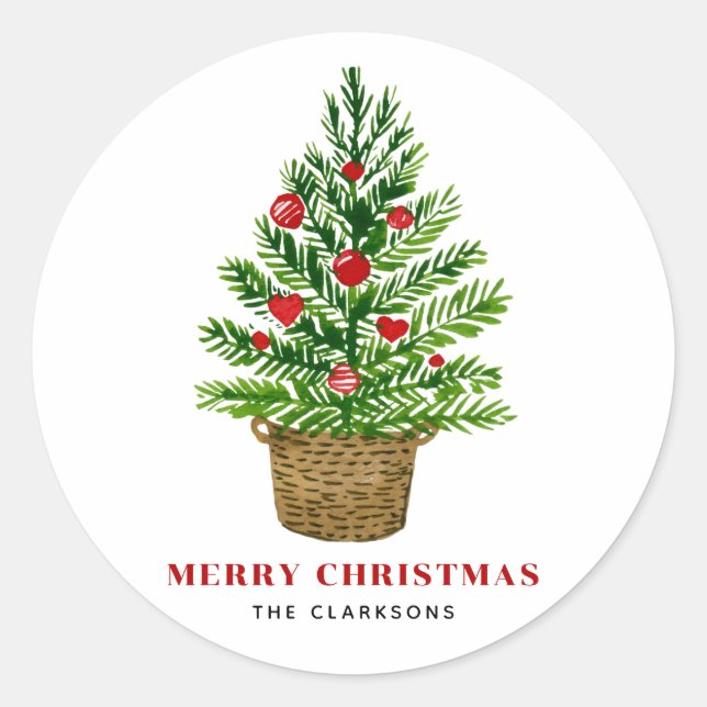 Festive Christmas Tree on Wicker Basket Christmas Classic Round Sticker (Front)