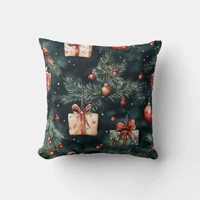 Festive Christmas Tree Ornaments and Gifts Pattern Cushion (Front)