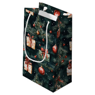 Festive Christmas Tree Ornaments and Gifts Pattern Small Gift Bag