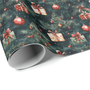 Festive Christmas Tree Ornaments and Gifts Pattern Wrapping Paper