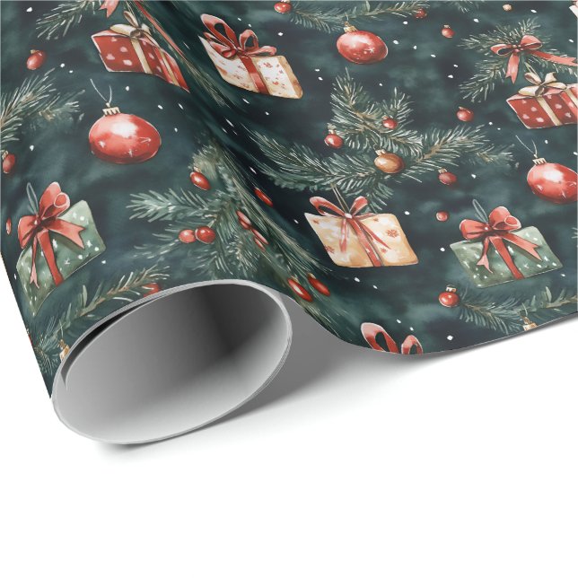 Festive Christmas Tree Ornaments and Gifts Pattern Wrapping Paper (Roll Corner)
