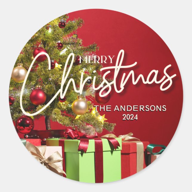 Festive Christmas Tree Presents Calligraphy Classic Round Sticker (Front)
