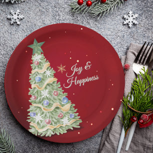 Festive Christmas Tree Red Background Holiday Paper Plate