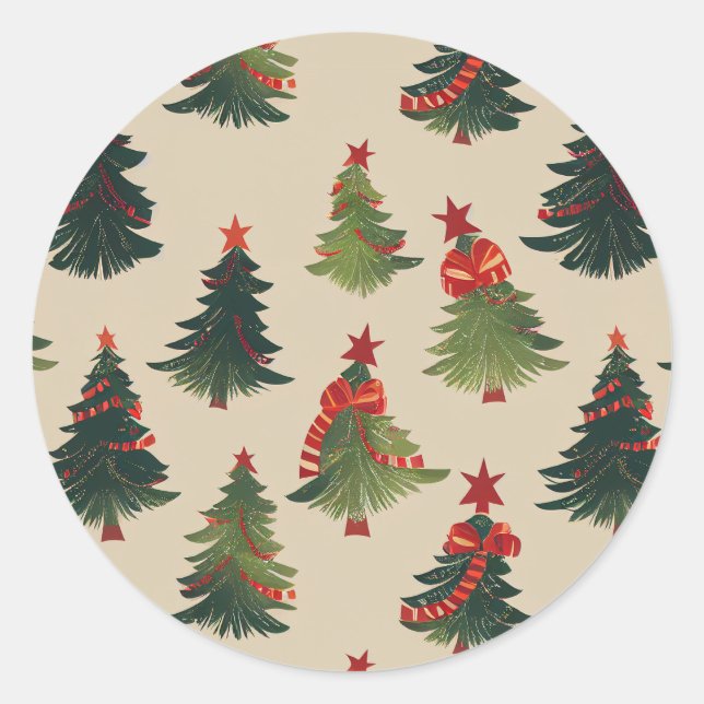Festive Christmas Tree Repeating Pattern Classic Round Sticker (Front)