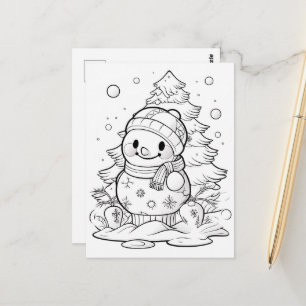 festive Christmas tree snowman kid colouring  Postcard