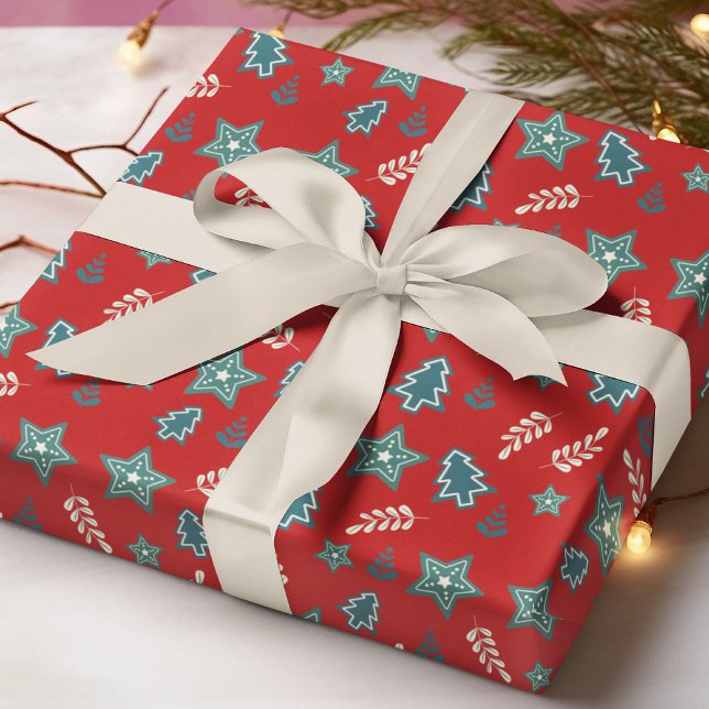 Festive Christmas Tree Star Modern Red Green  Wrapping Paper (Creator Uploaded)
