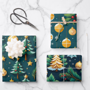Festive Christmas Tree Theme Trio Mix Wrapping Paper Sheet