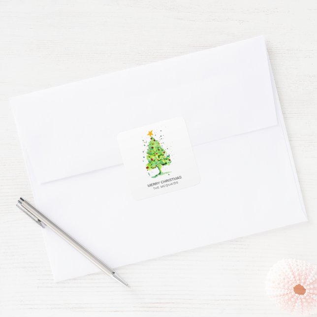 Festive Christmas Tree Watercolor Square Sticker (Envelope)