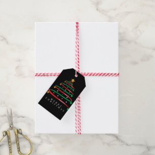 Festive Christmas Tree with Ribbons and Stars Gift Tags
