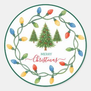 Festive Christmas Trees & Lights Design Classic Round Sticker