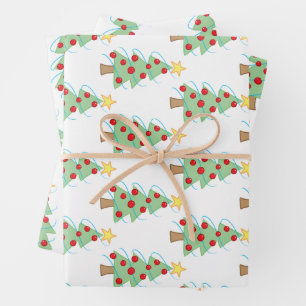 Festive Christmas Trees on White Wrapping Paper Sheet