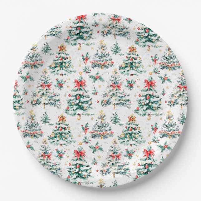Festive Christmas Trees Paper Plate (Front)