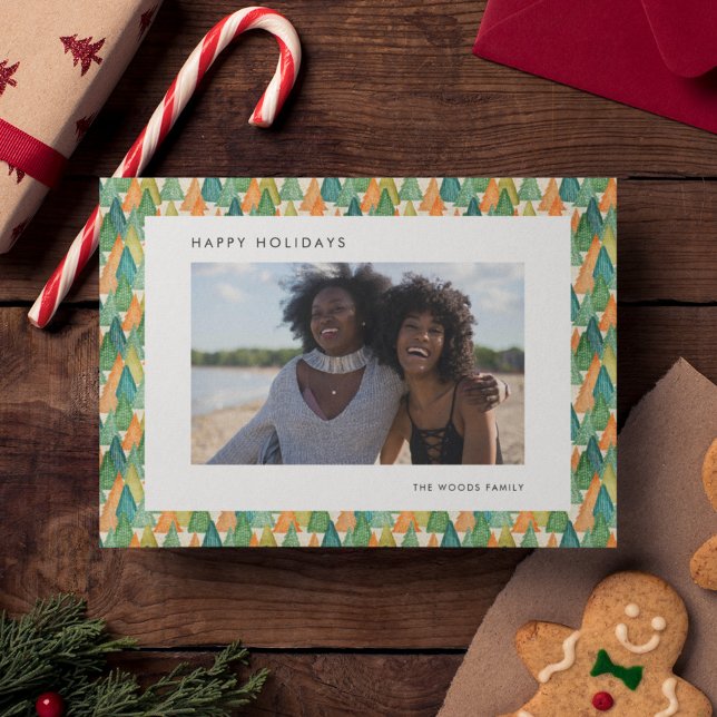 Festive Christmas Trees Pattern Photo Happy Holiday Card (Creator Uploaded)