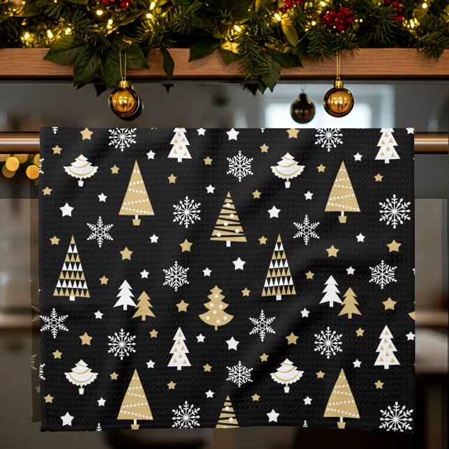 Festive Christmas Trees Snowflakes Black Tea Towel (Creator Uploaded)