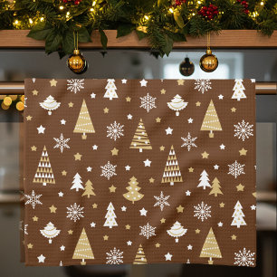 Festive Christmas Trees Snowflakes Pattern Brown Tea Towel