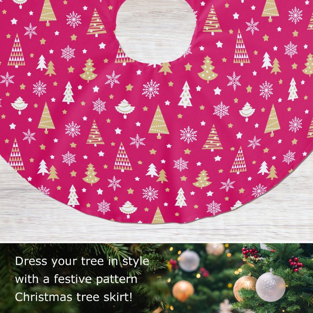 Festive Christmas Trees Snowflakes Pattern Pink Brushed Polyester Tree Skirt (Creator Uploaded)