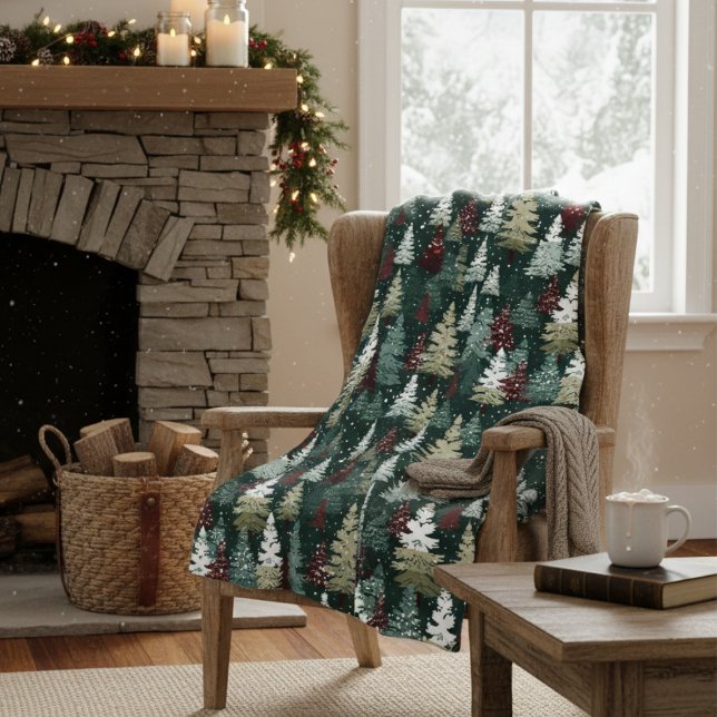 Festive Christmas Trees Winter Snow Holiday Fleece Blanket (Creator Uploaded)