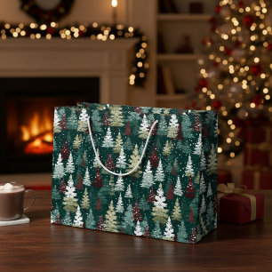 Festive Christmas Trees Winter Snow Holiday Large Gift Bag