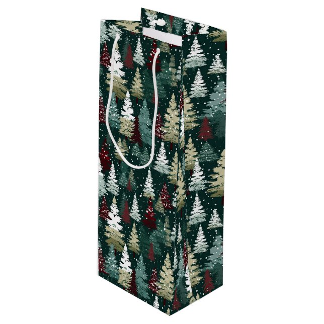 Festive Christmas Trees Winter Snow Holiday Wine Gift Bag (Front Angled)