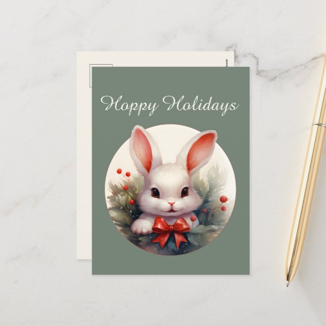 Festive Christmas watercolor Country bunny Holiday Postcard (Front/Back In Situ)