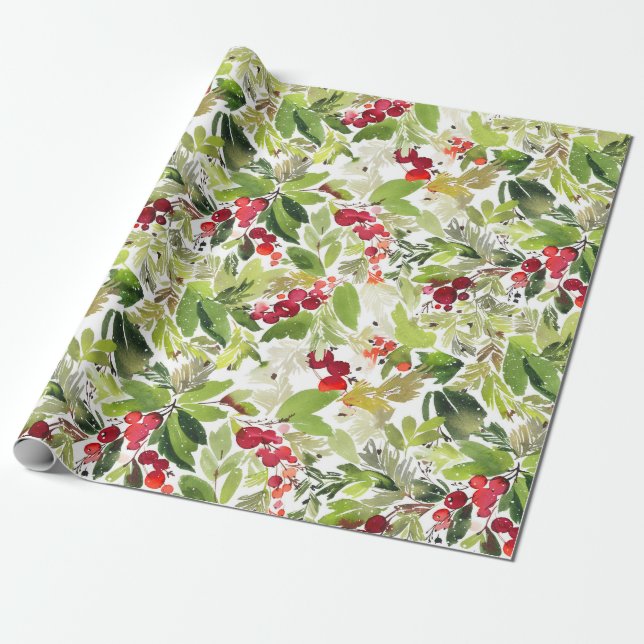 Festive Christmas Watercolor Foliage Holly Berry Wrapping Paper (Unrolled)
