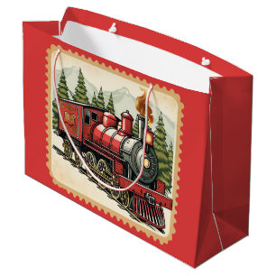 Festive Christmas watercolor Holiday train  Large Gift Bag