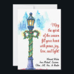 Festive Christmas Watercolor Lamp Post Simple Holiday Card<br><div class="desc">This beautiful holiday card features a watercolor lamp post decorated with Christmas wreaths and garlands. The caption reads: "May the spirit of the season fill your heart with peace, joy, love, and light!" There is space for your signature/names below. The back is a deep marbled red colour. Wonderful way to...</div>
