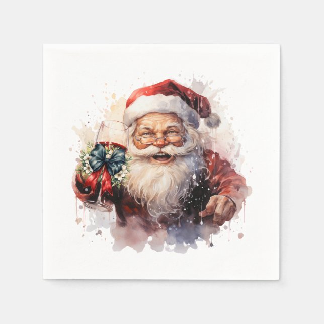 Festive Christmas watercolor Santa drinking Napkin (Front)