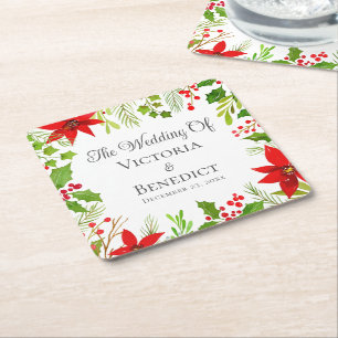 Festive Christmas Wedding Floral Personalised Square Paper Coaster