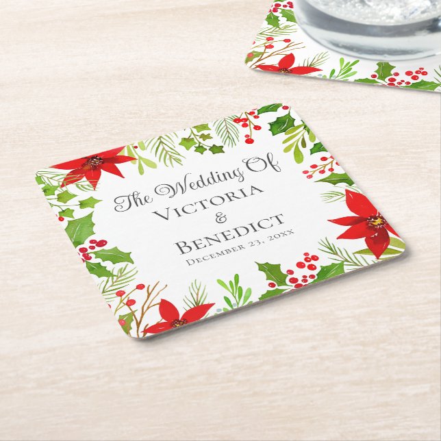 Festive Christmas Wedding Floral Personalised Square Paper Coaster (Angled)