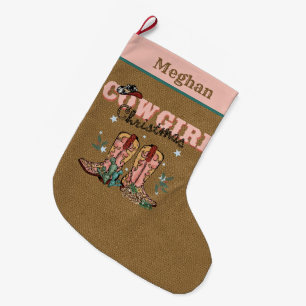 festive Christmas Western Cowgirl add name Large Christmas Stocking