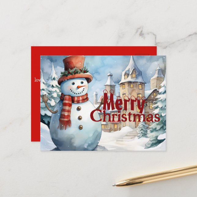 Festive Christmas with Snow man Postcard (Front/Back In Situ)