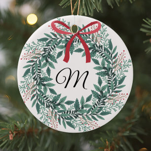 Festive Christmas Wreath Custom Initial and Photo Ceramic Tree Decoration
