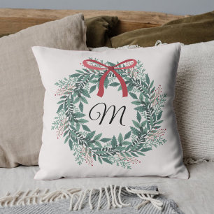 Festive Christmas Wreath Custom Initial Cushion