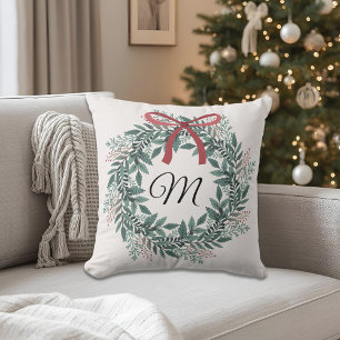 Festive Christmas Wreath Custom Initial Cushion
