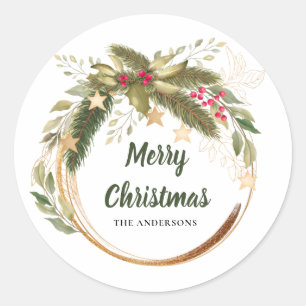 Festive Christmas Wreath Greenery Family Name Classic Round Sticker