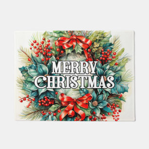 Festive Christmas Wreath   Happy Holidays Doormat