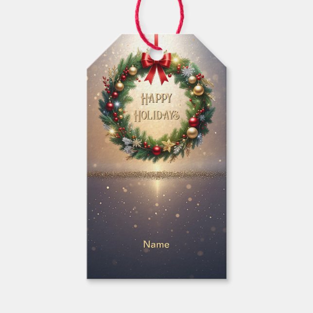 Festive Christmas Wreath Holiday Gift Tag (Front)